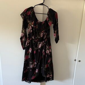 Club Monaco Black and Pink Floral Long Sleeve Dress